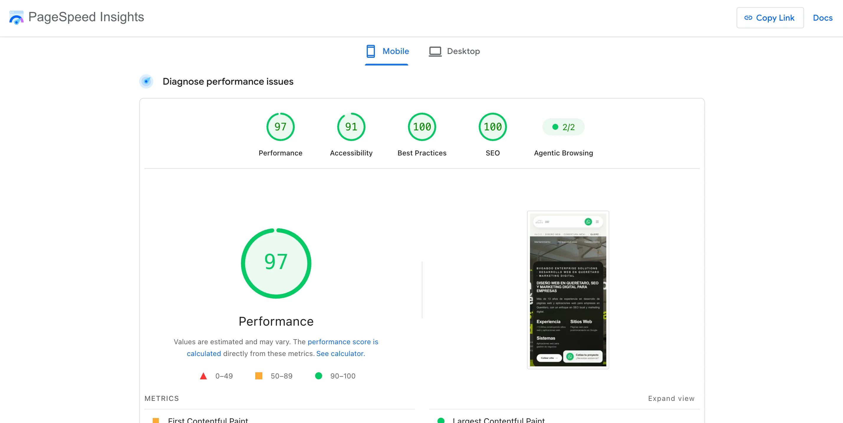 Resultados de Google PageSpeed Insights del sitio de diseño web en Querétaro: Performance, Accessibility, Best Practices y SEO